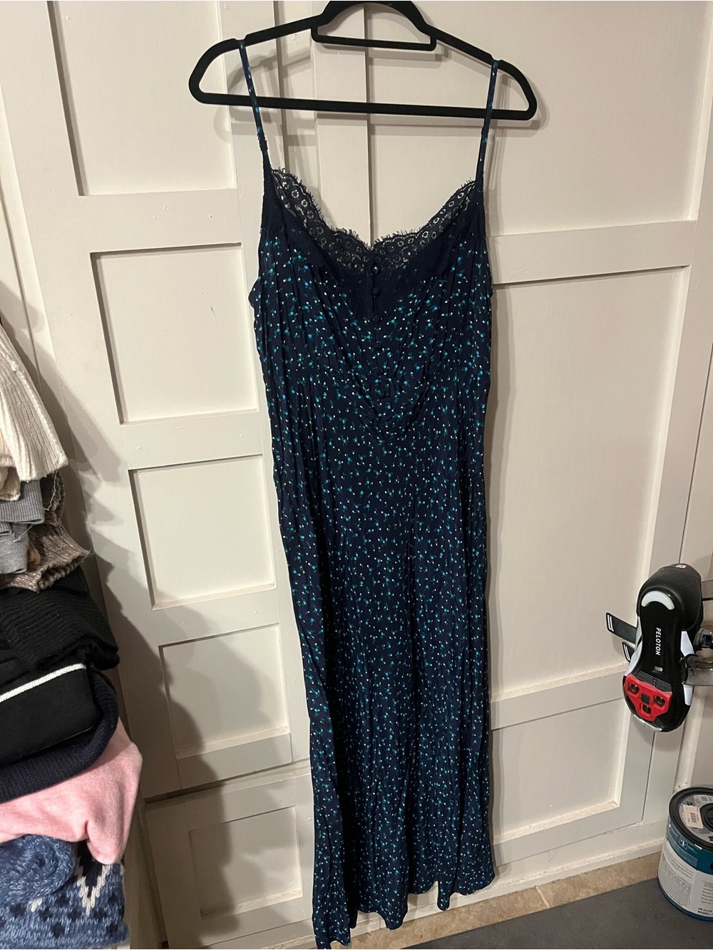 NWT. Gap. Navy Blue Spaghetti-Strap Slip Dress with Teal Dots